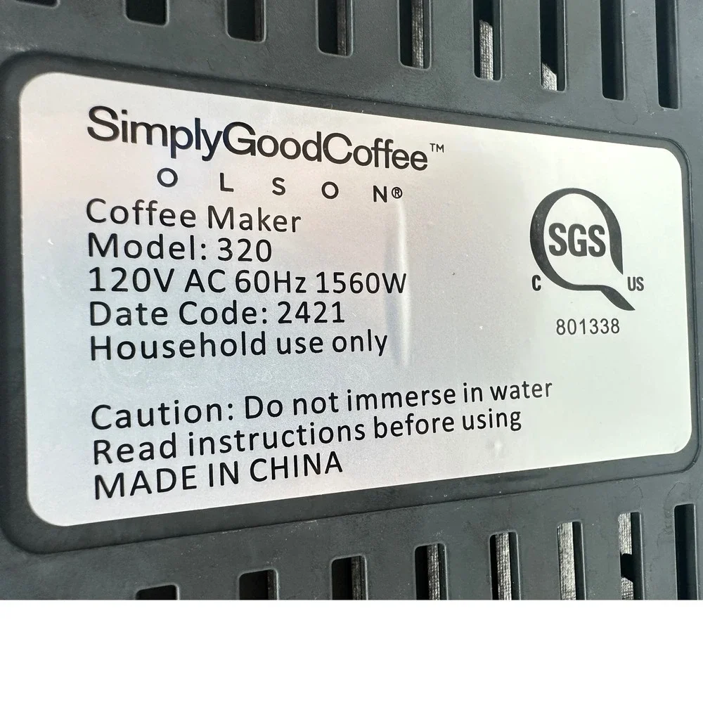 Simply Good Coffee Olson Model 320 8-Cup Coffee Maker Silver Black 1560W SCA